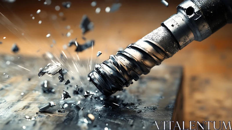Metal drill bit cutting steel with dynamic flying shards.