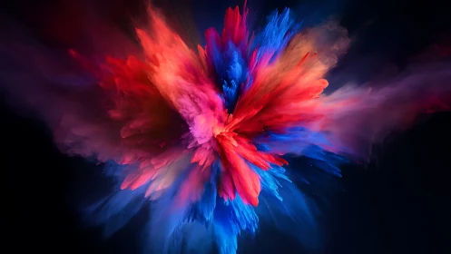 Explosive red and blue pigment cloud blooms on black canvas.