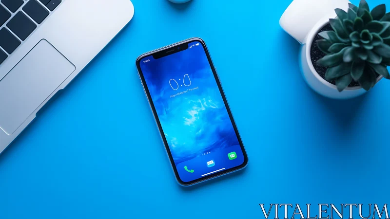 Smartphone with blue notched display on bright blue surface workspace setup