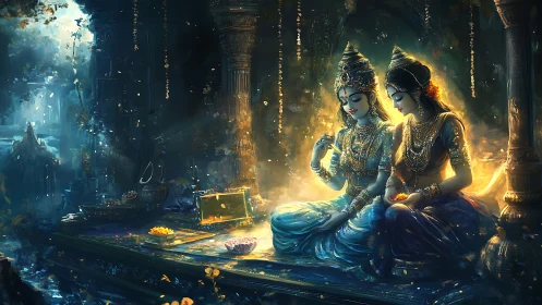 Radiant goddesses sharing a quiet moment in glowing temple.
