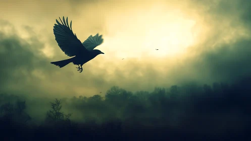 Silhouetted crow soars over misty forest at sunrise.