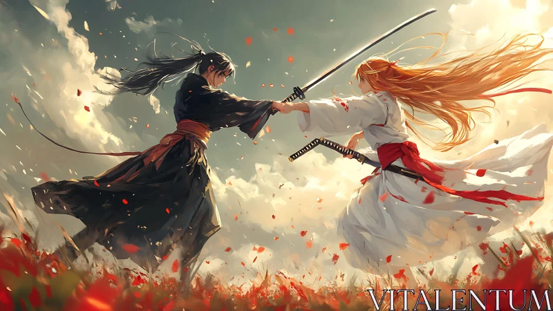 Samurai duel amid drifting petals under stormlit skies.