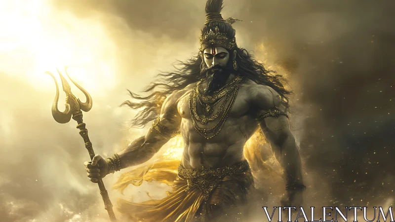 Mythic warrior deity holds trident amid glowing storm
