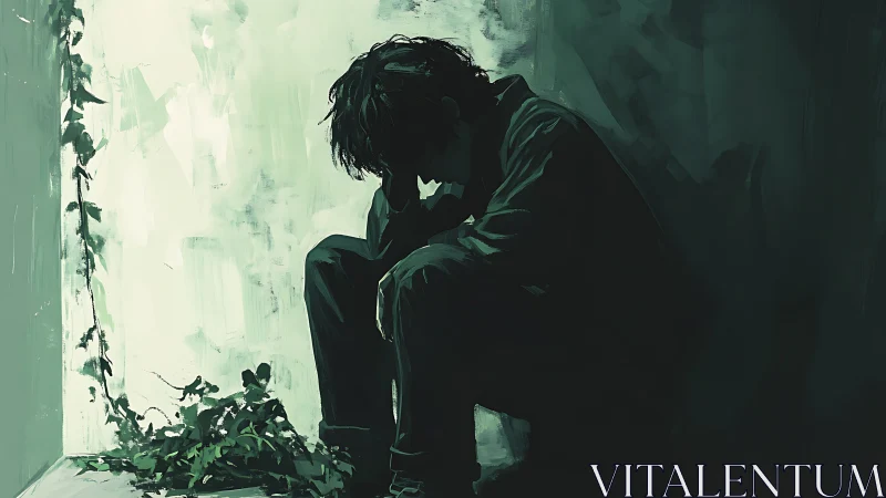 Quiet moment of reflection in a shadowed green corner.