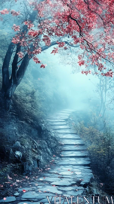 Misty stone path curves beneath vivid red autumn canopy.