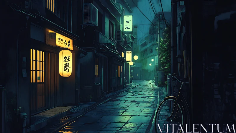 Nocturnal Tokyo alleyway with neon lantern-lit reflections.