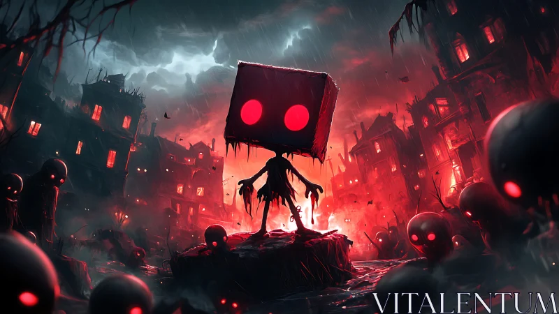 Box-headed entity dominates infernal red drenched ruin.