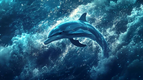Photorealistic dolphin breaching amid luminous ocean swells.