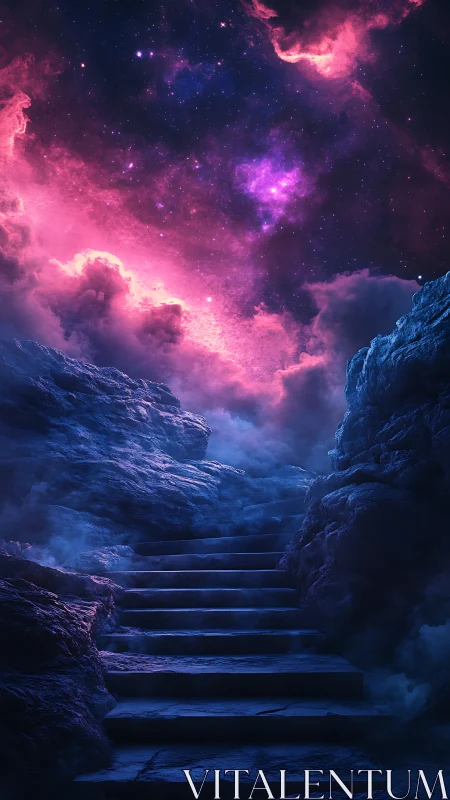 Stone stairway ascends through mist toward luminous nebula