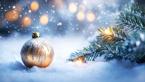 Gold bauble in snowy foreground with lit fir branch bokeh
