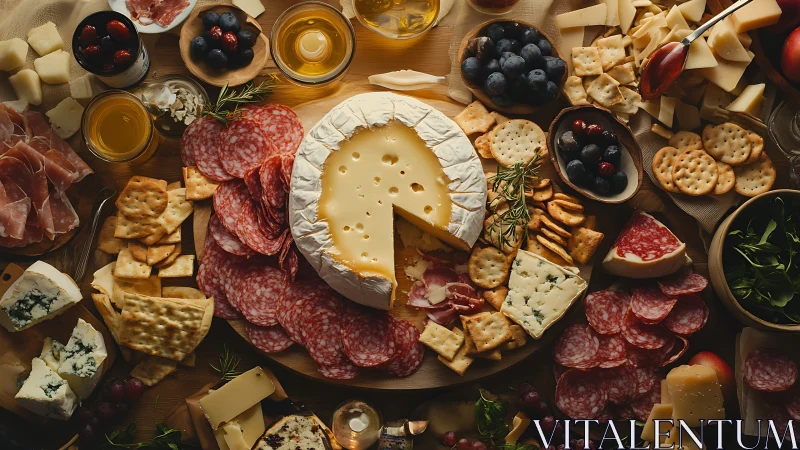Cheese and charcuterie board with assorted crackers and fruit.