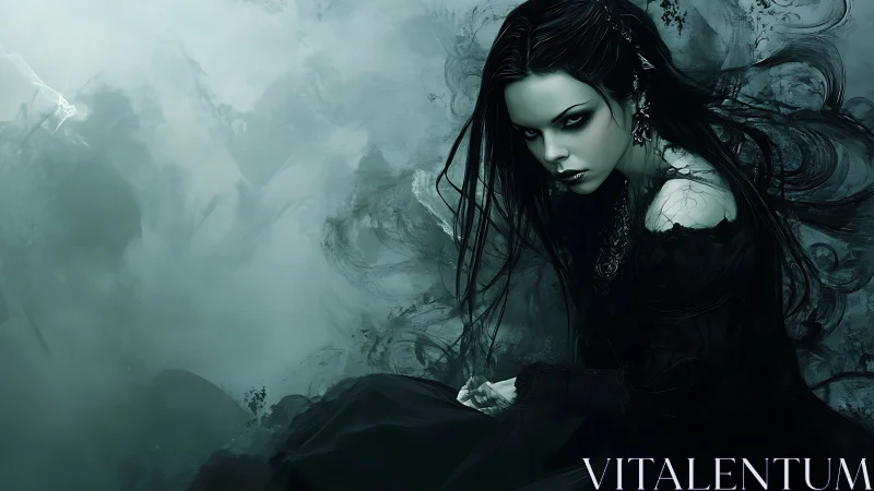 Storm-inked sorceress brooding in a teal ghost fog.