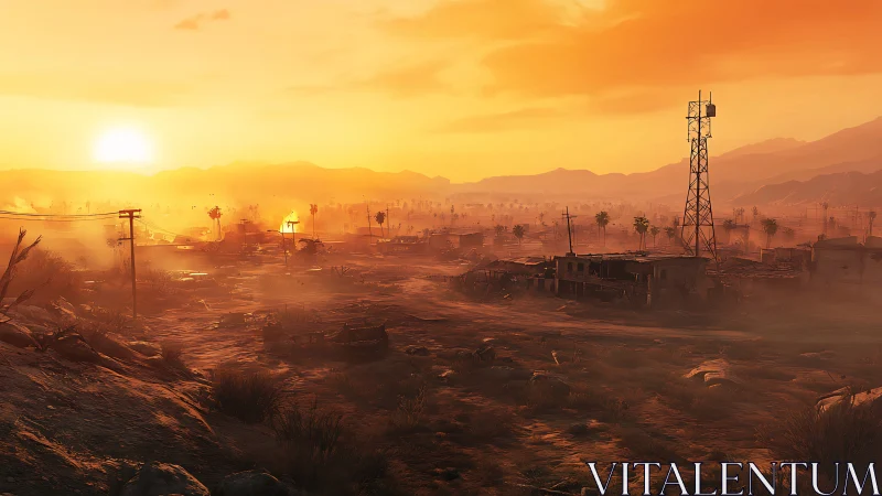 Cinematic desert settlement under intense orange sunset haze
