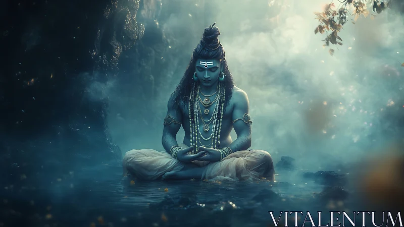 Mystic blue yogi in moonlit cavern pool of silent prayer.