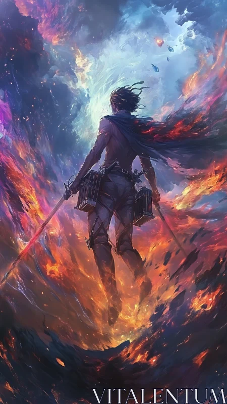 Celestial swordsman ascending through molten nebula inferno.