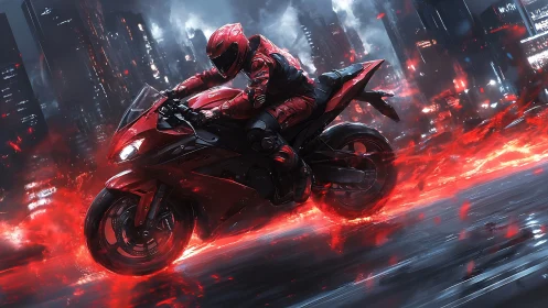 Red sport motorcycle racing through neon city at night.