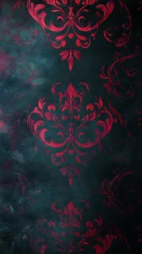 Moody red damask pattern on softly textured teal backdrop.