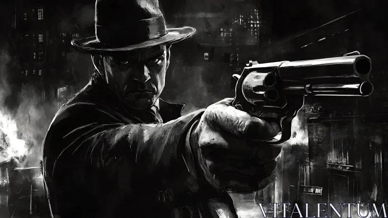 Grim noir gunslinger freezes the night in silver aim.