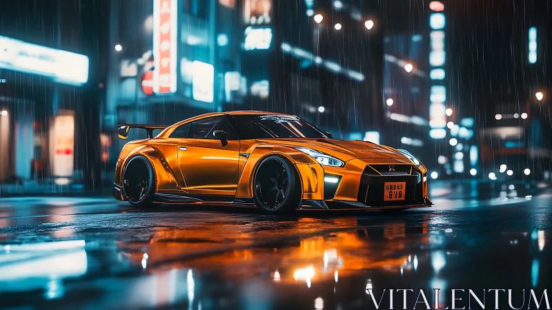 Orange sports car on wet neon city street at night.