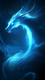 Luminous blue spirit dragon curls through a soft twilight void