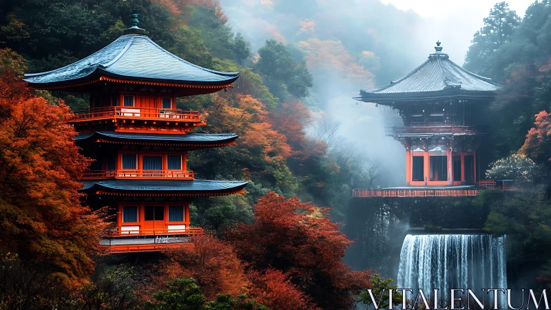 Scarlet pagodas whisper above a silver waterfall veil.