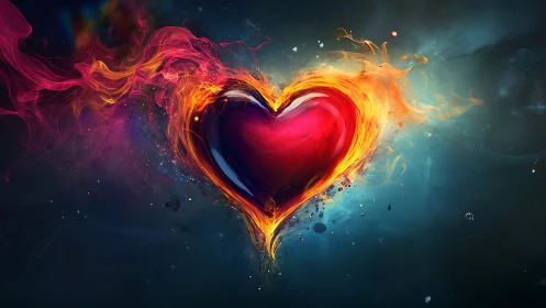 Luminescent Heart Form Engulfed in Dynamic Fire and Ethereal Plasma Energy.