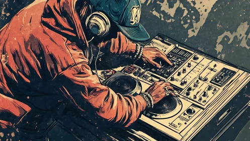 DJ operates dual turntables and mixer with dynamic motion