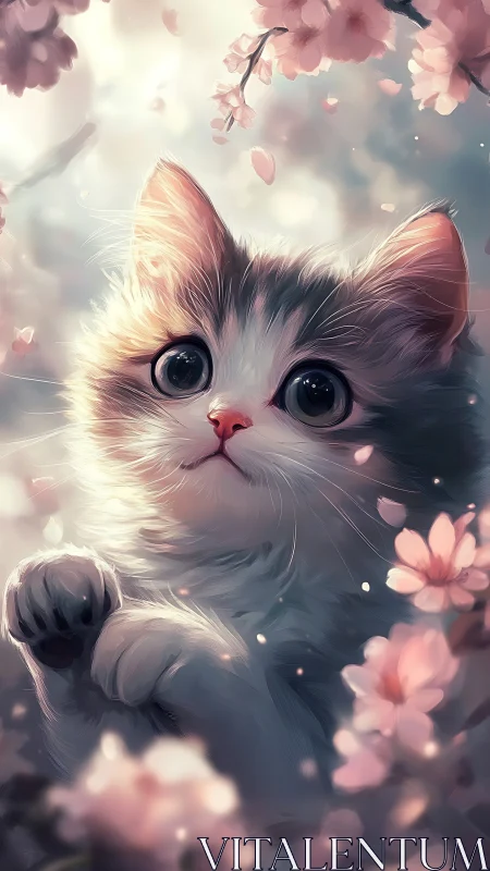 Luminous White Cat Among Falling Cherry Blossoms with Ethereal Light