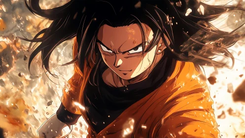 Fiery anime warrior charging ahead with fierce resolve.