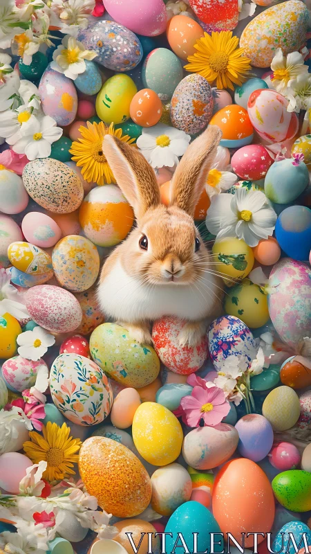 Easter bunny nestles among vivid painted spring eggs.