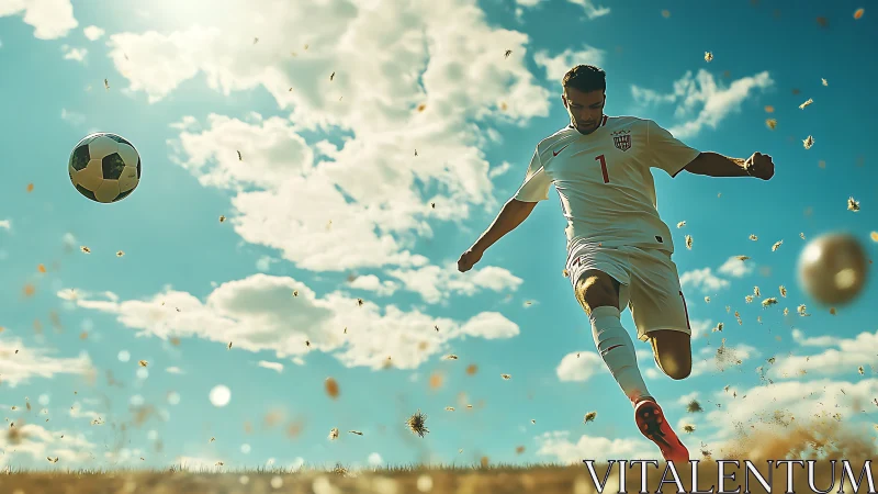Soccer player powerfully volleys ball under bright summer sky