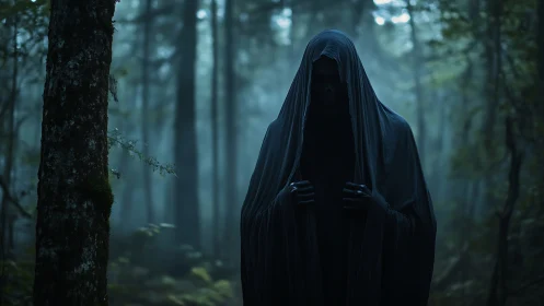 Shrouded spectral figure haunts mist-drenched forest path.