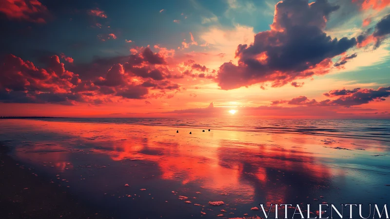 Chromatic tidal mirror with high-saturation sunset sky.