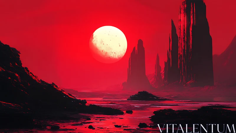 Crimson exoplanet horizon with monolithic spires under giant sun