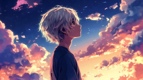 Sky-dazed dreamer under comet-kissed cotton clouds.