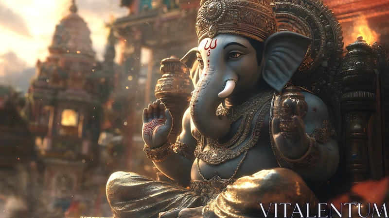 Ganesha idol rendered in radiant temple sunset light.
