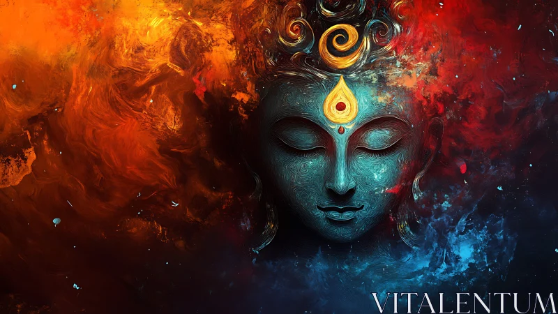Abstract blue deity face with swirling fiery background.