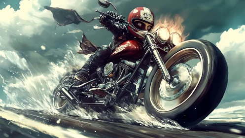 Motorcycle rider cuts through storm surge on coastal highway