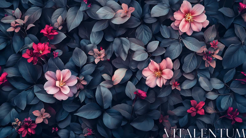 Midnight Garden: Blooms of Rose and Magenta Burst Through Deep Indigo Foliage.