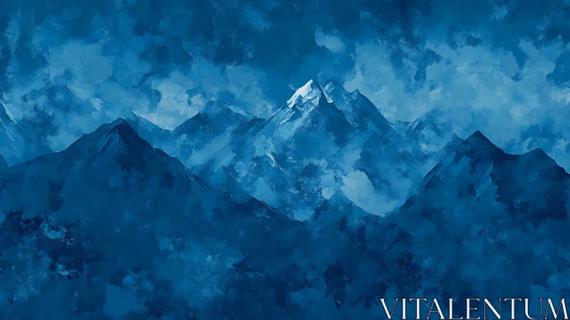 Soft blue mountain peaks wrapped in dreamy evening mist.