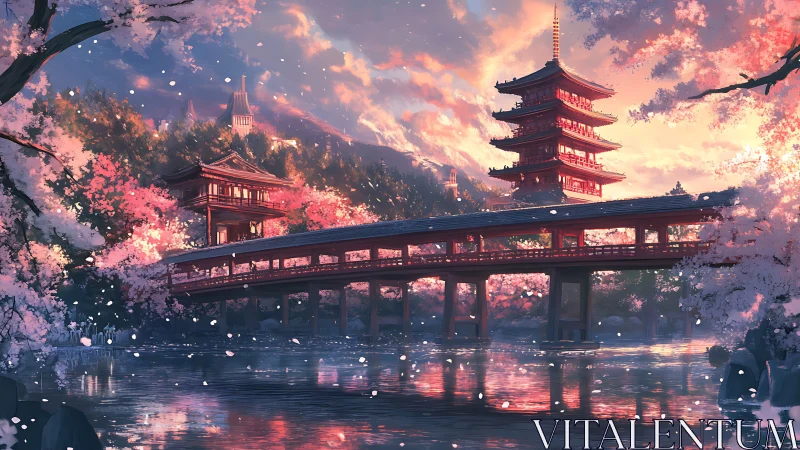 Cherry blossom bridge spans river beneath tiered pagoda at dusk