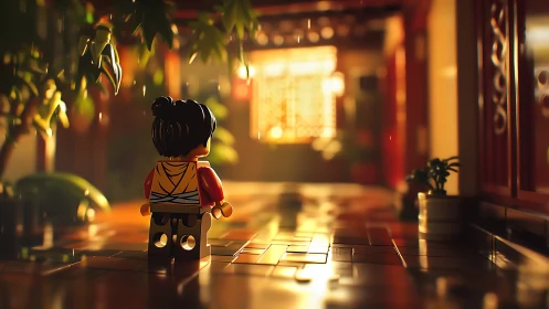 Lego minifigure stands in sunlit corridor with soft focus