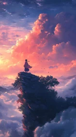 Solitary figure on cliff above clouds at vivid sunset sky.