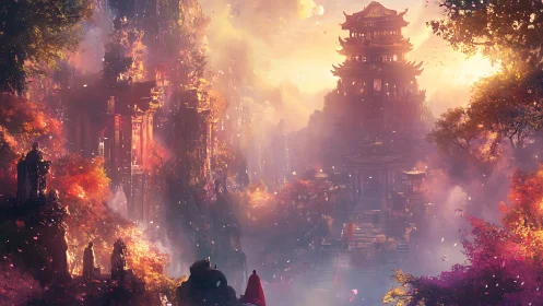 Golden mist unveils an ancient temple city among autumn peaks