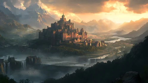 Sunlit mountain citadel dominates misted river valley