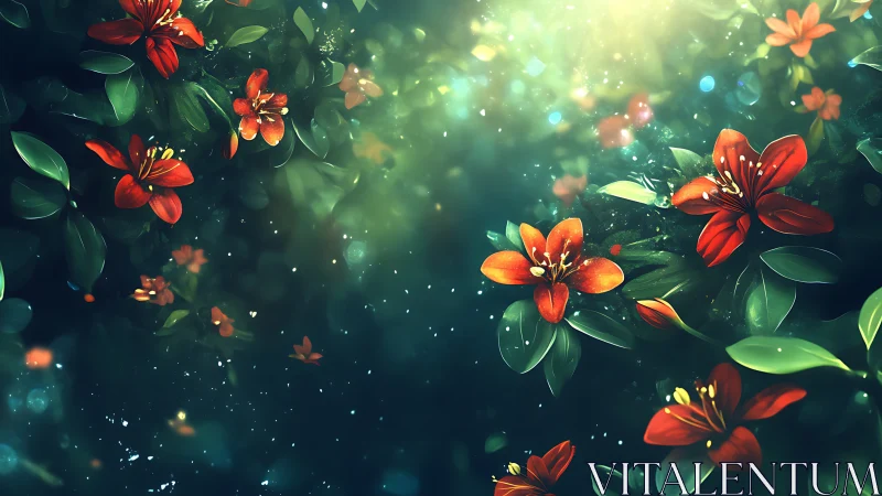 Red Blossoms Dance Through Luminescent Garden Mist