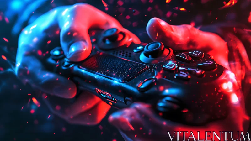 Immersive gaming controller close-up in vibrant neon light.