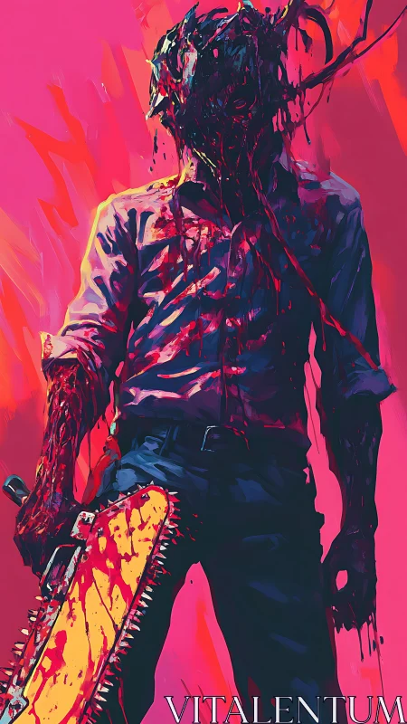 Neon drenched slasher standing under a fever dream sky.