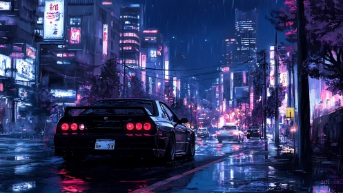Nighttime street scene depicts rear view of parked sports car