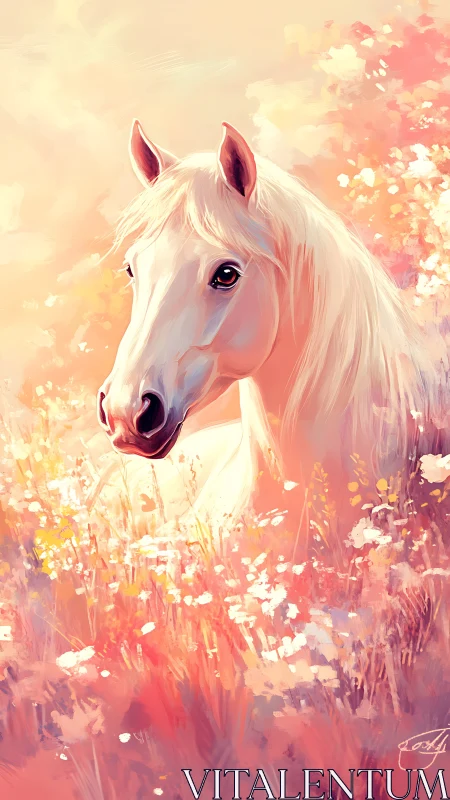 Gentle white horse glowing in dreamy pastel meadow light.